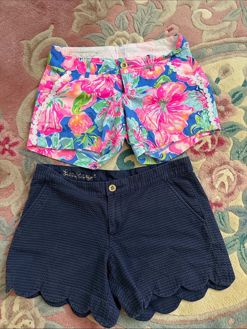 Lilly Pulitzer Pink Blue Floral Cotton Shorts & Navy Scallop-Edge Pair